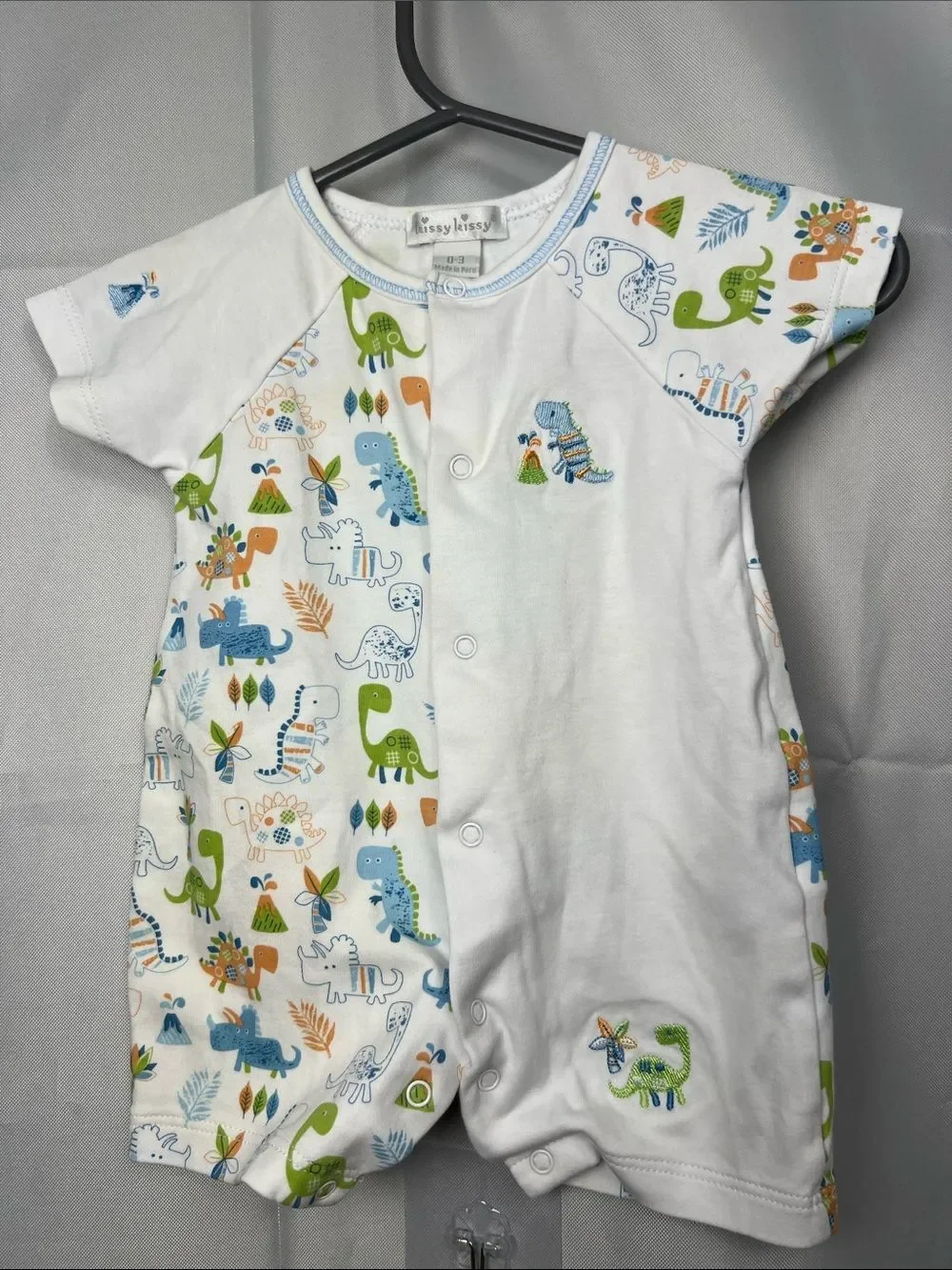 Kissy Kissy one piece dinosaur print and embroidered Pima cotton romper